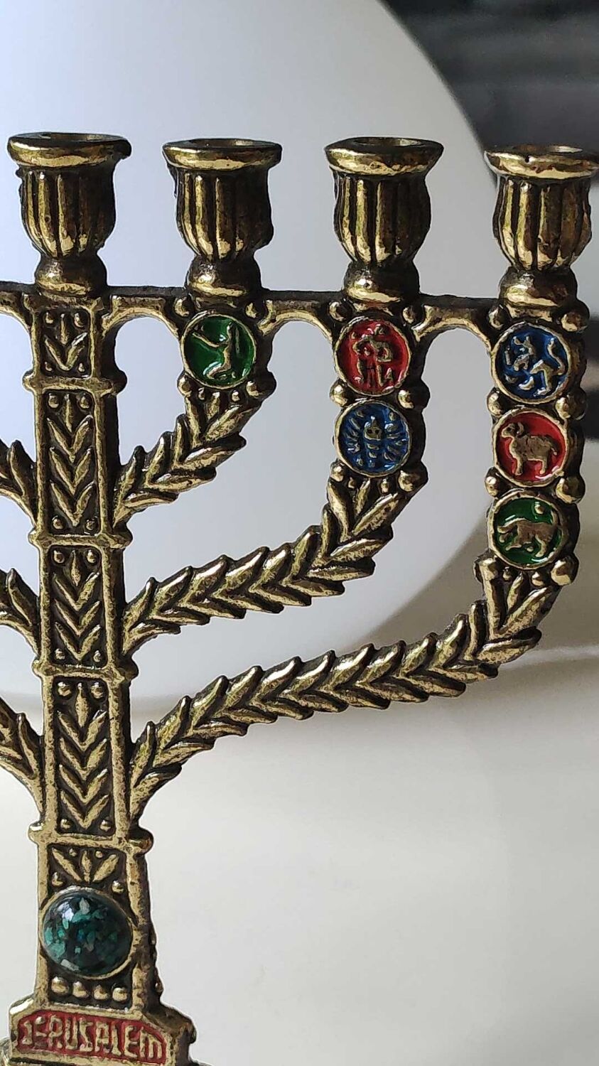 Menorah/Hebrew Candlestick with 7 branches. Astrological signs. Hanukkah. In patinated brass old gold