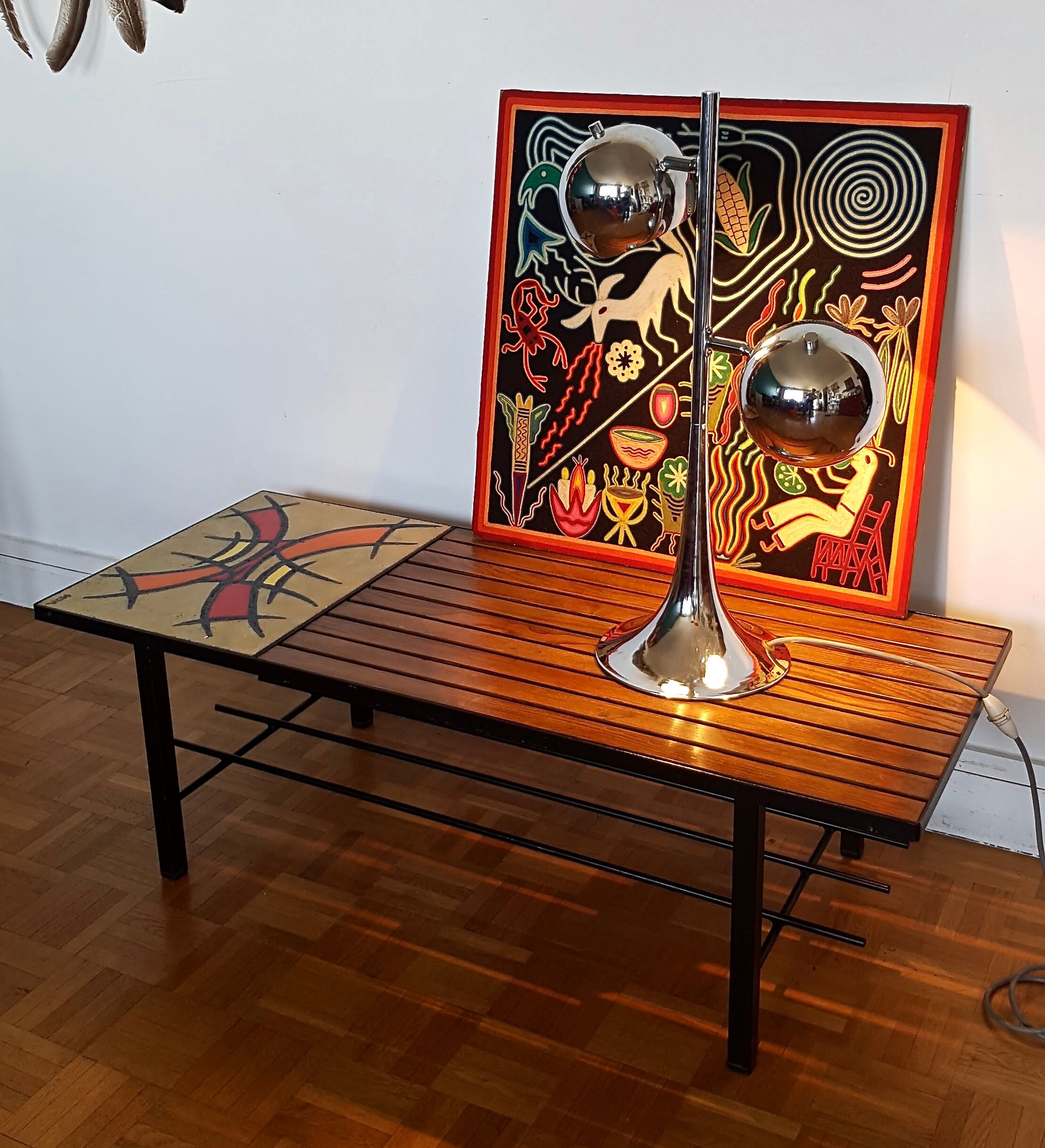 Coffee table vintage iron lava stone and wood