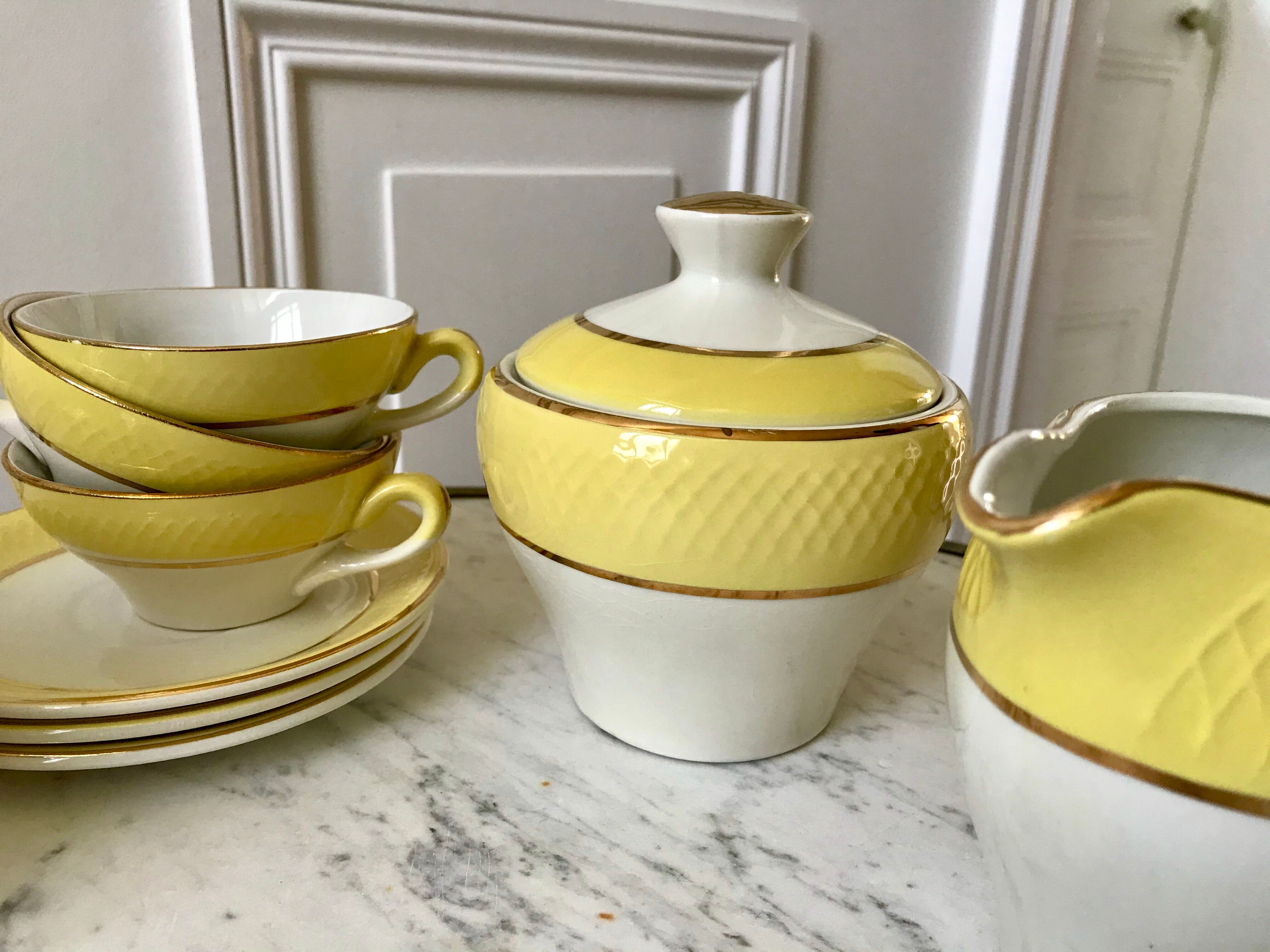 coffee set 6 cups, milk jug and sugar bowl Moulin des Loups textured yellow 50s