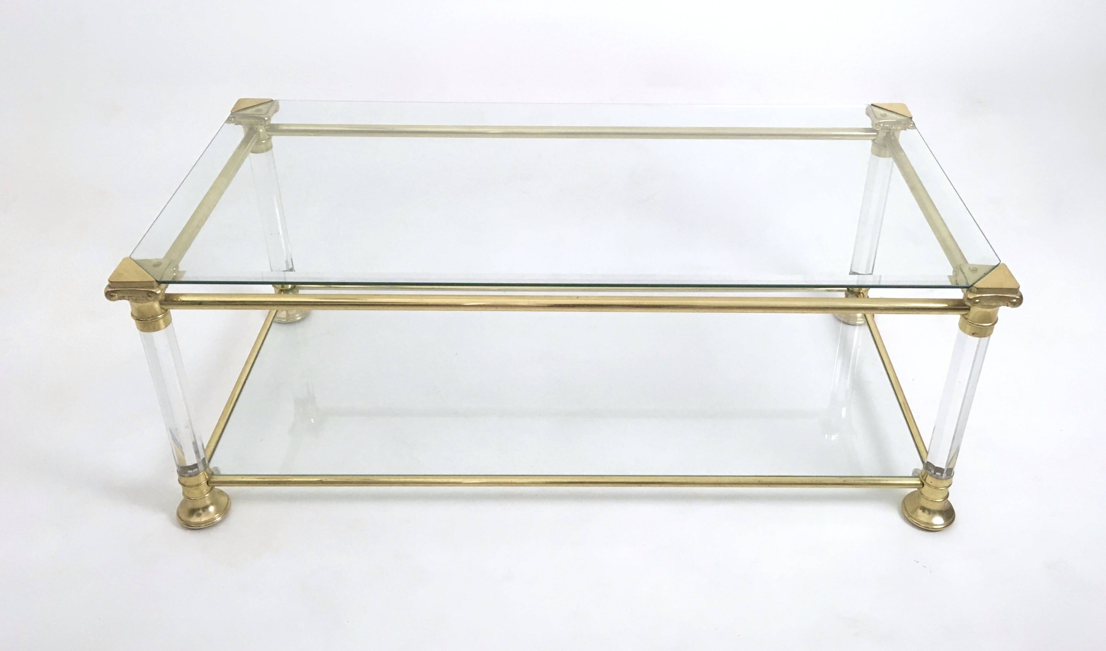 Rectangular Glass Coffee Table with Brass and Acrylic Glass Frame