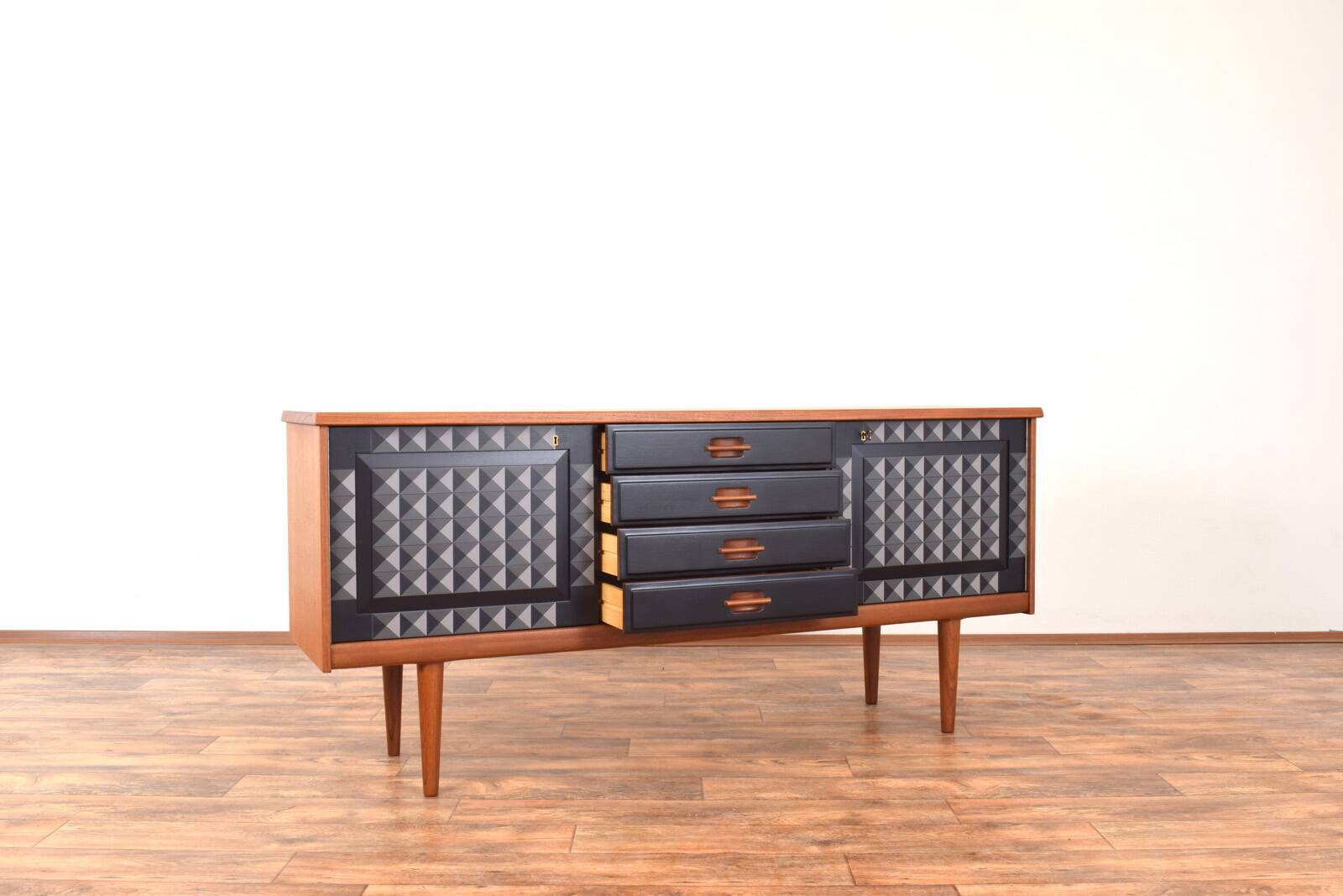 Mid-Century Op-Art Hand-Painted Teak Sideboard by Gustav Bahus, 1960s