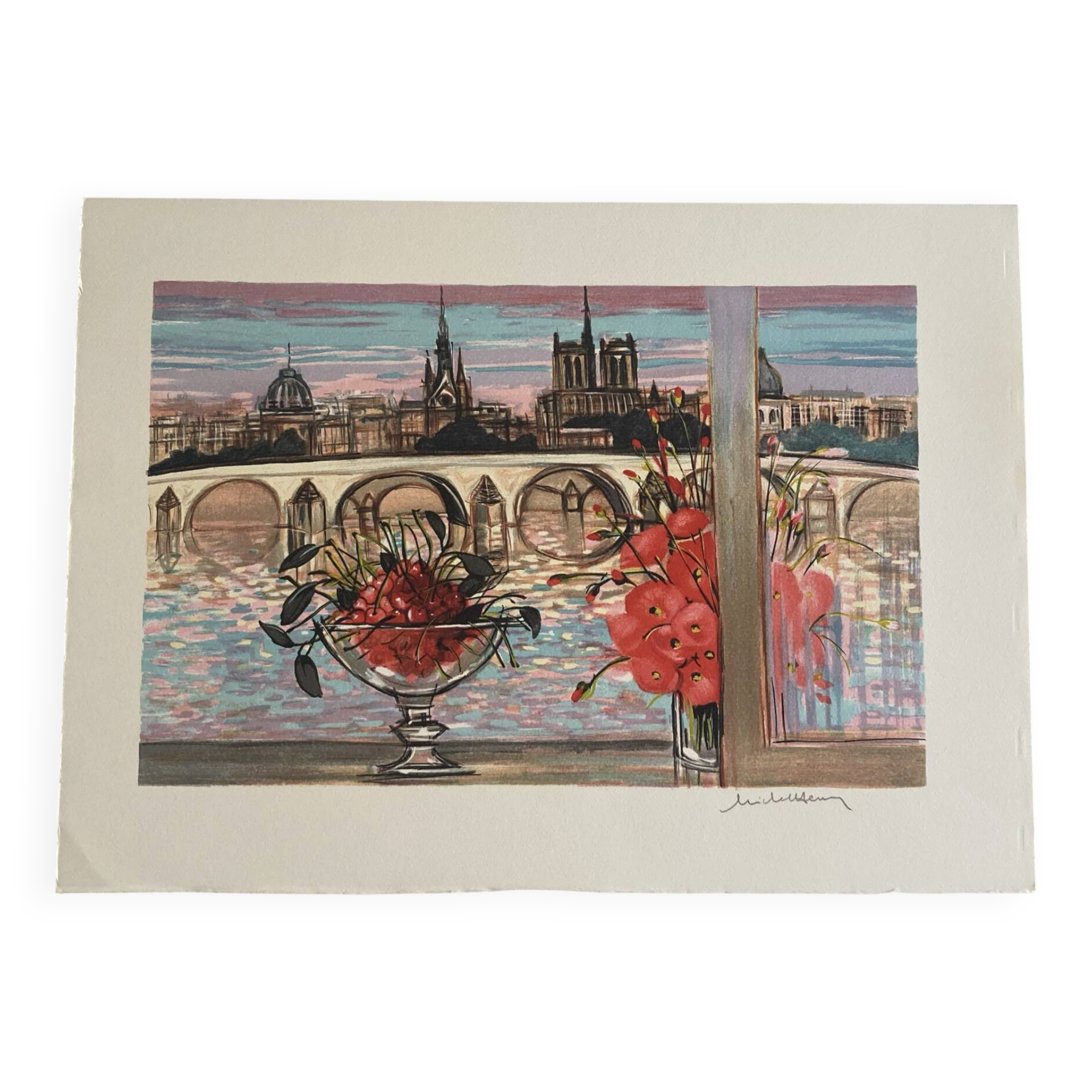Lithograph signed by Michel Henry - The Institute and Notre Dame de Paris