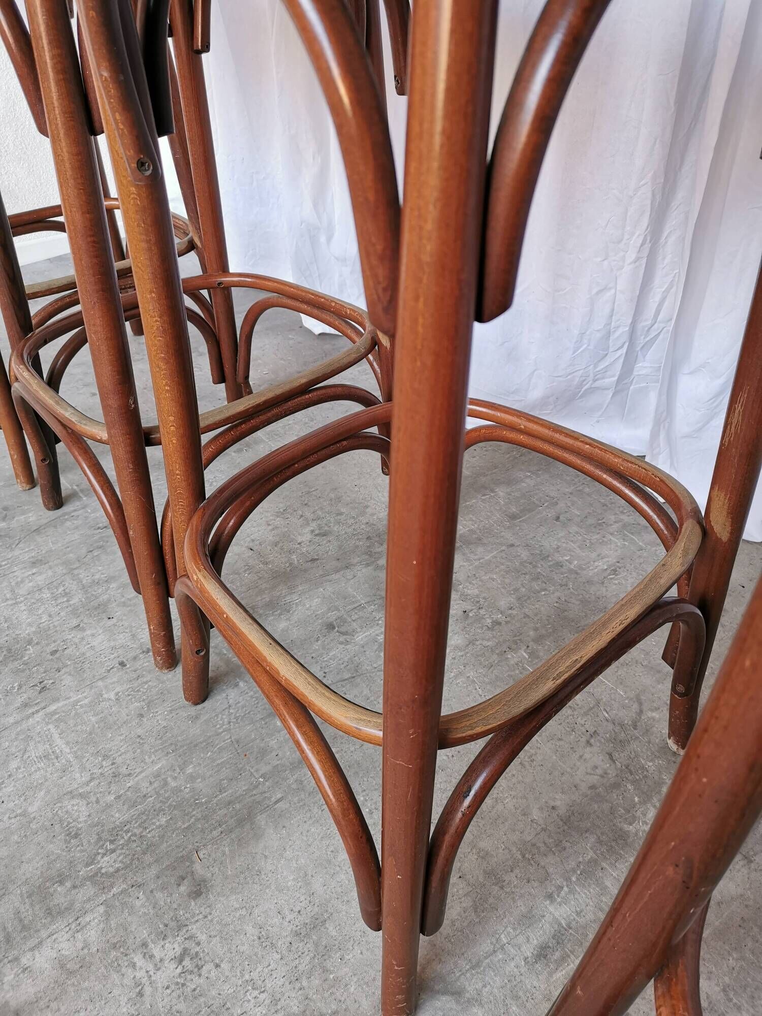 Set of 4 Vintage Bentwood Bar Stools, Brown Leather Seat, Nailhead Trim