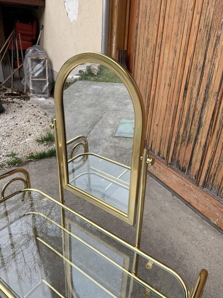Vintage brass and glass dressing table with matching beige stool - set of 2 (1950s)