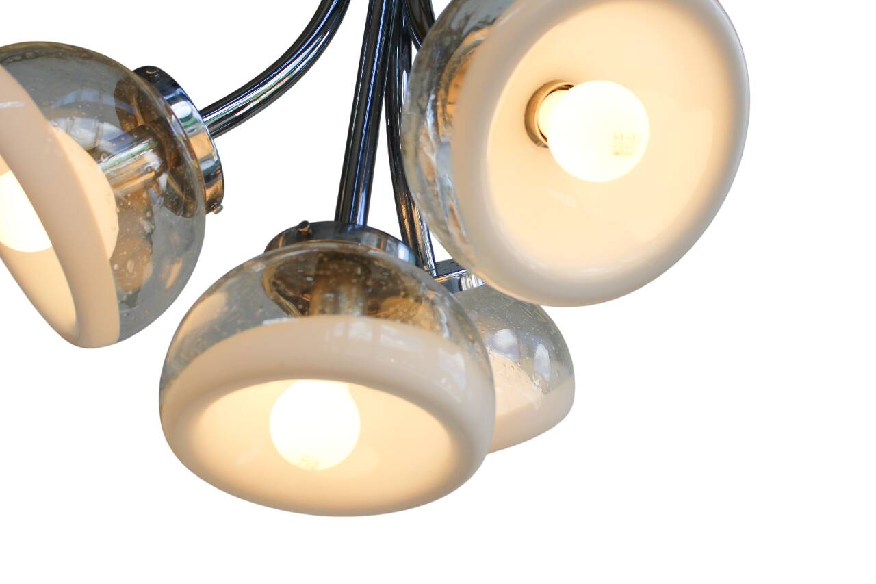 Gaetano Sciolari attr. four arm Murano glass chrome chandelier, 1970s