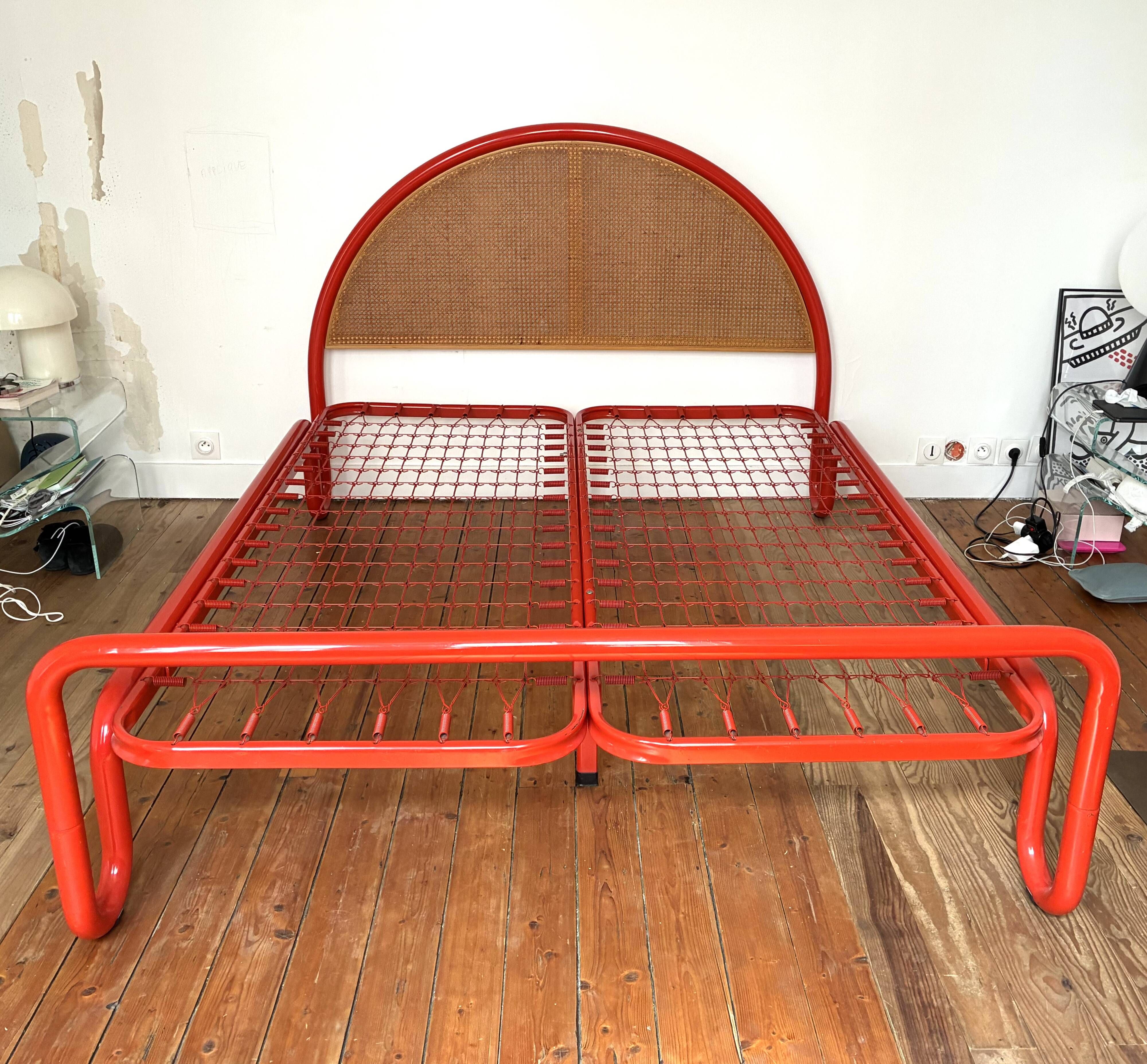 Bed Frame 160 Gae Aulenti Style Tubular Metal and Rattan, 1960s