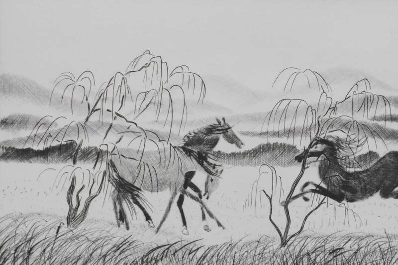 Camille combe: manes in the wind, original signed engraving