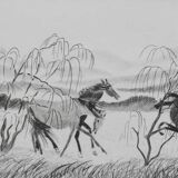 Camille combe: manes in the wind, original signed engraving