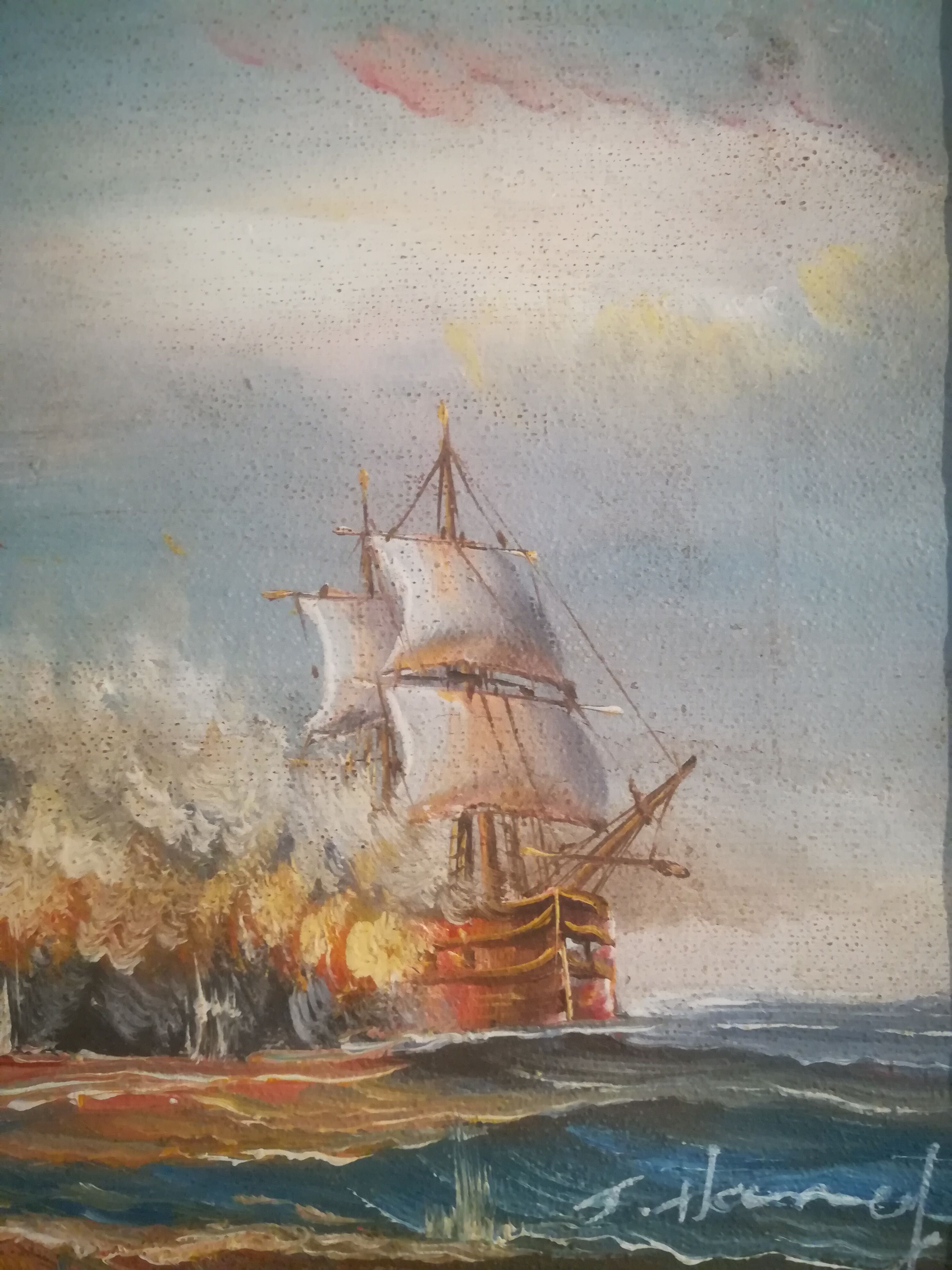 Oil on canvas signed Haney marine in gold frame