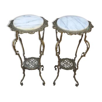 Paire de tables de chevet ou porte plante Napoléon III en laiton et marbre