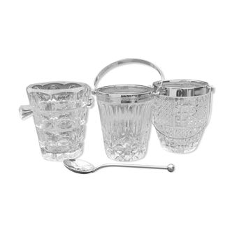 Set of 3 buckets with ice cubes / ice, different, chissed glass, retro look