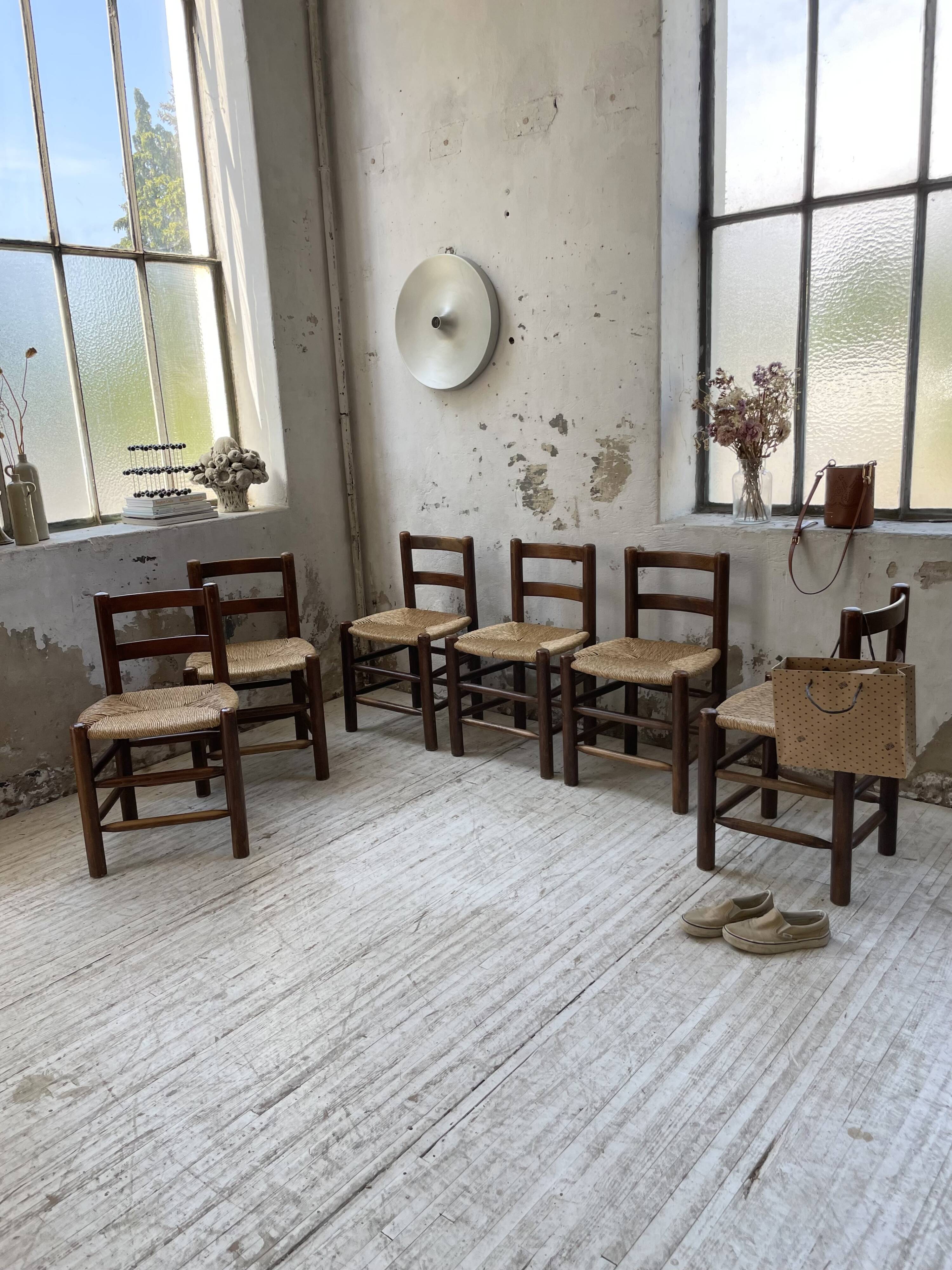 6 straw and oak chairs, mountain furniture
