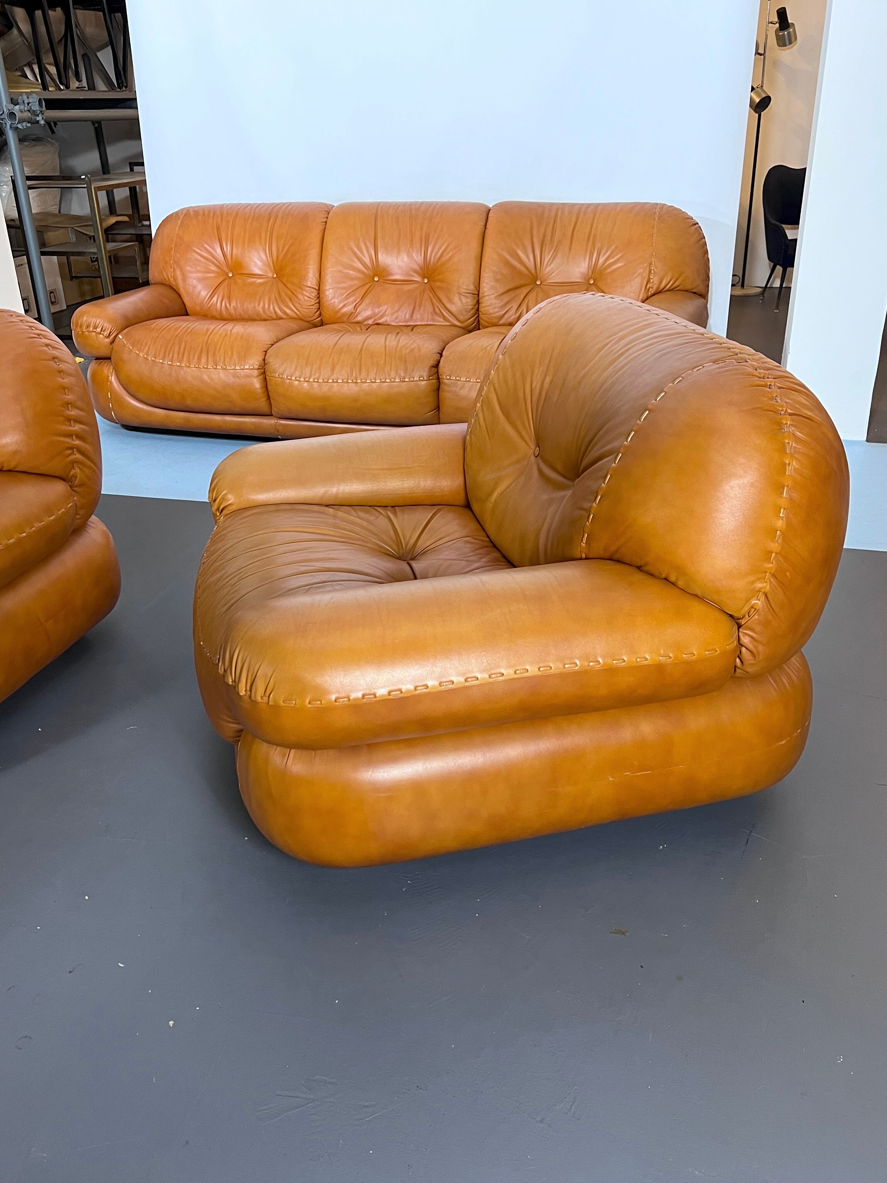 Sofa set in cognac leather by Sapporo for Mobil Girgi,  Italy 1970s