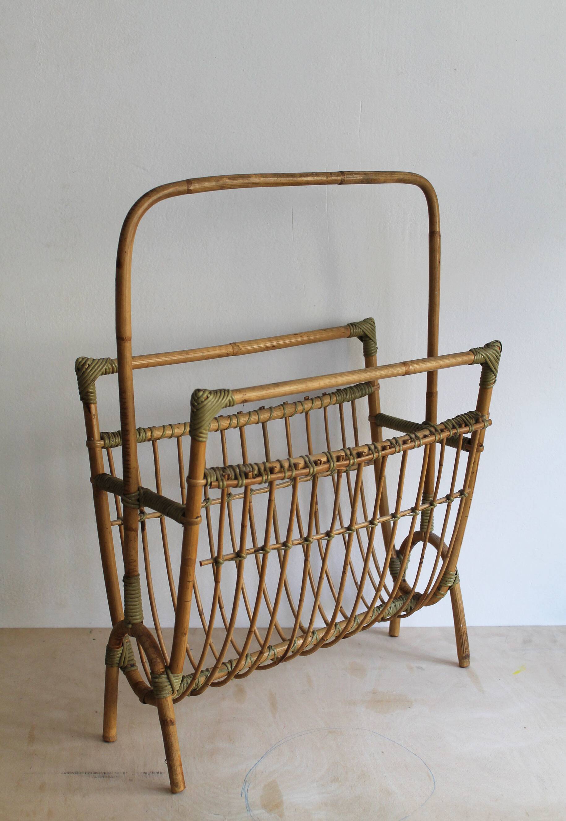 1960s Czechoslovak Rattan Magazine Rack with Tall Handle