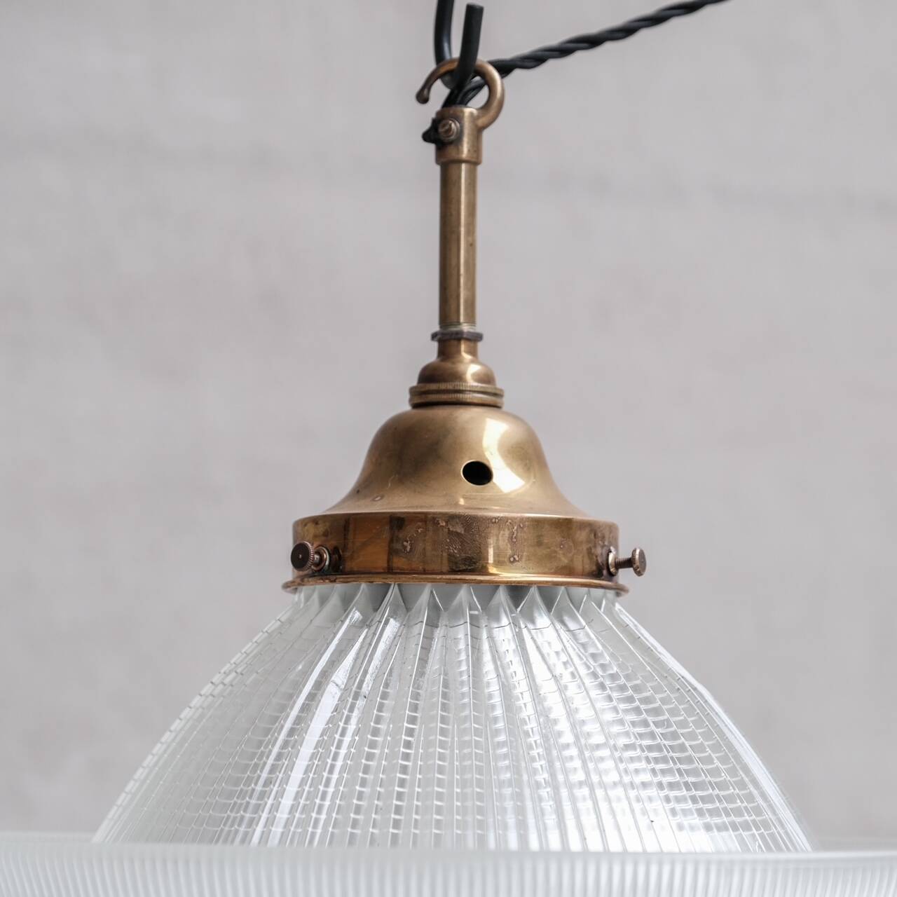 Glass and Brass Holophane Antique Pendant Light