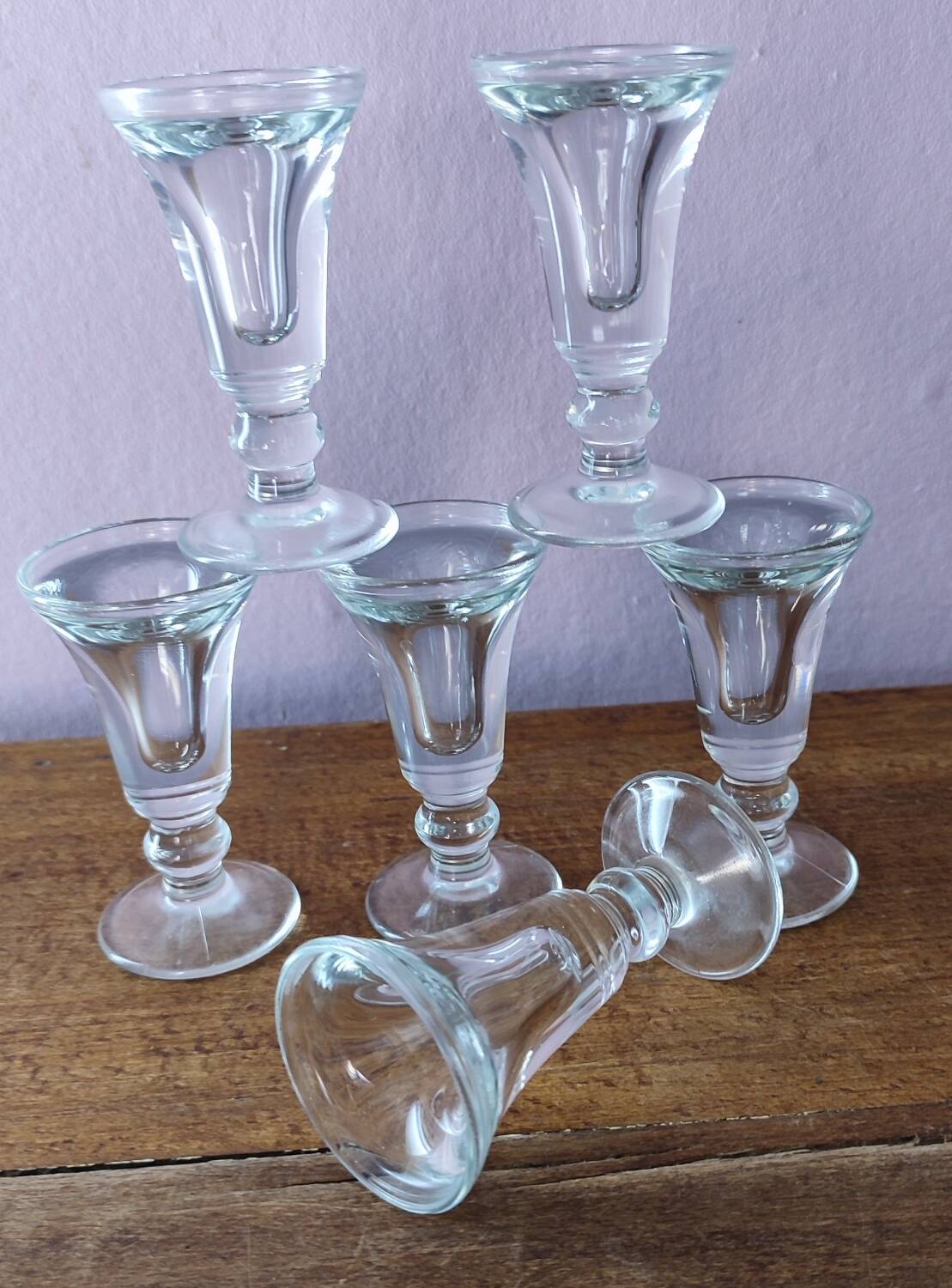 Set of 6 antique glasses known as "false bottom" glasses.
