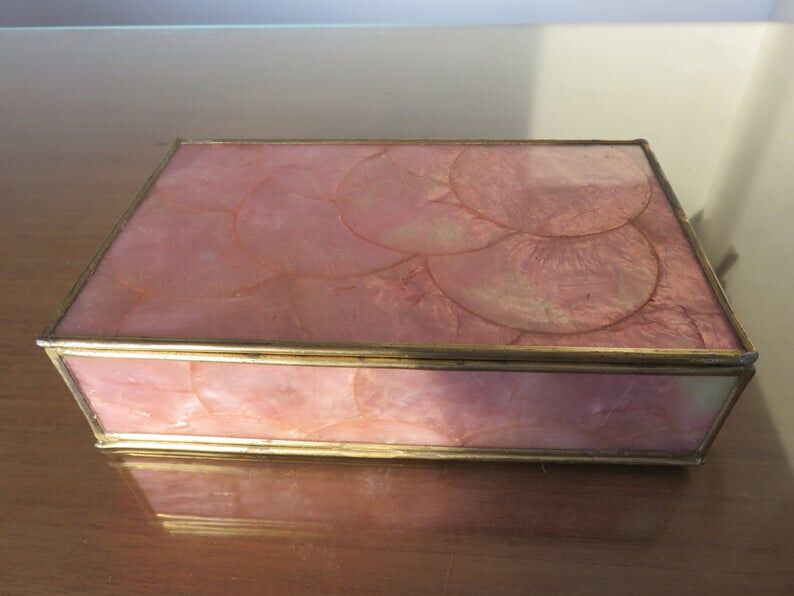 Pink mother-of-pearl and brass box 70s