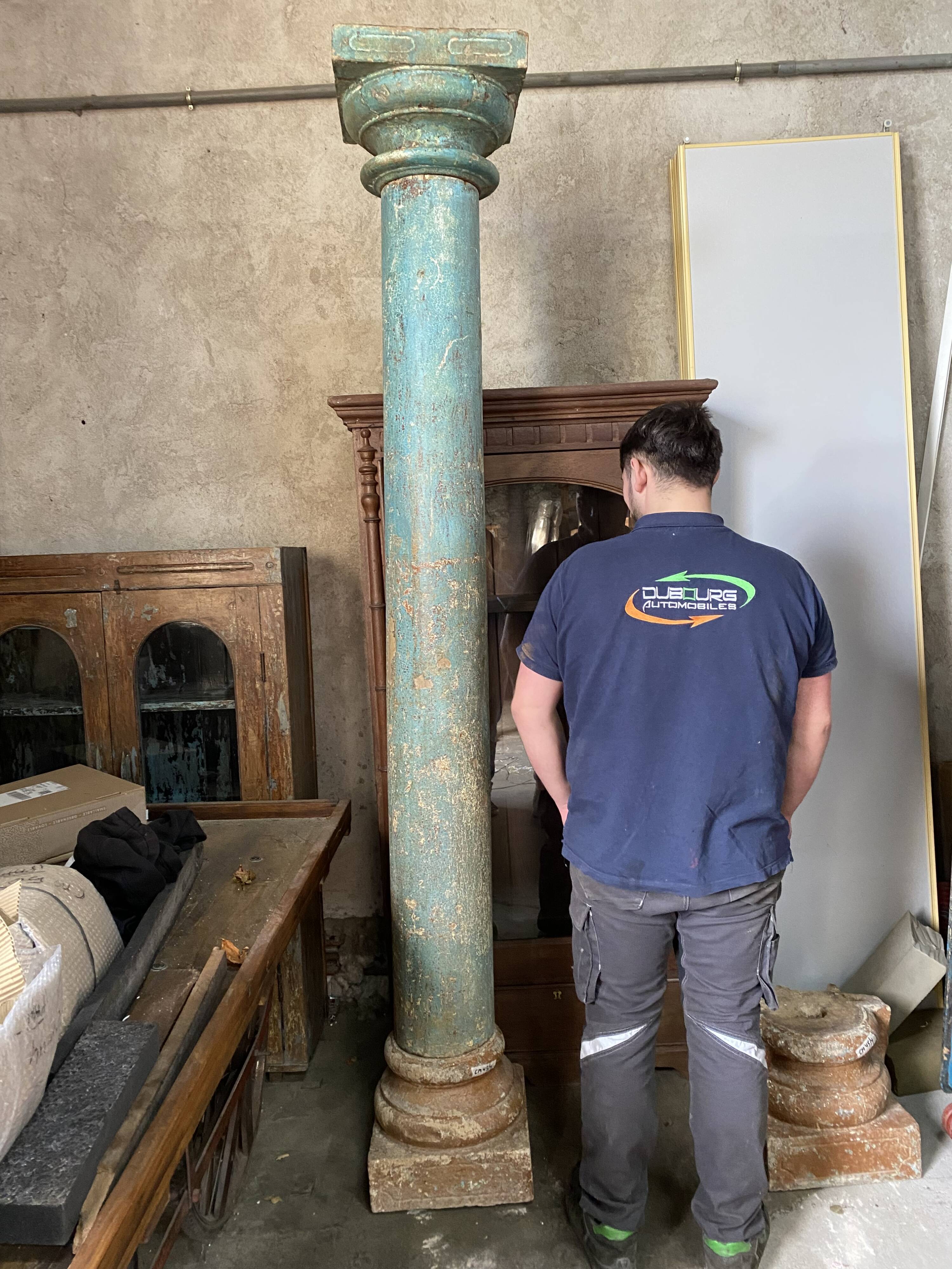 Teak and blue lacquered stone column