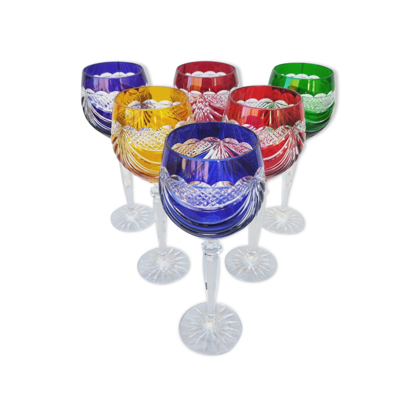 Six vintage coloured cut crystal wine glasses