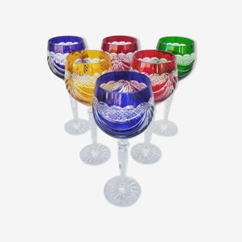 Six vintage coloured cut crystal wine glasses