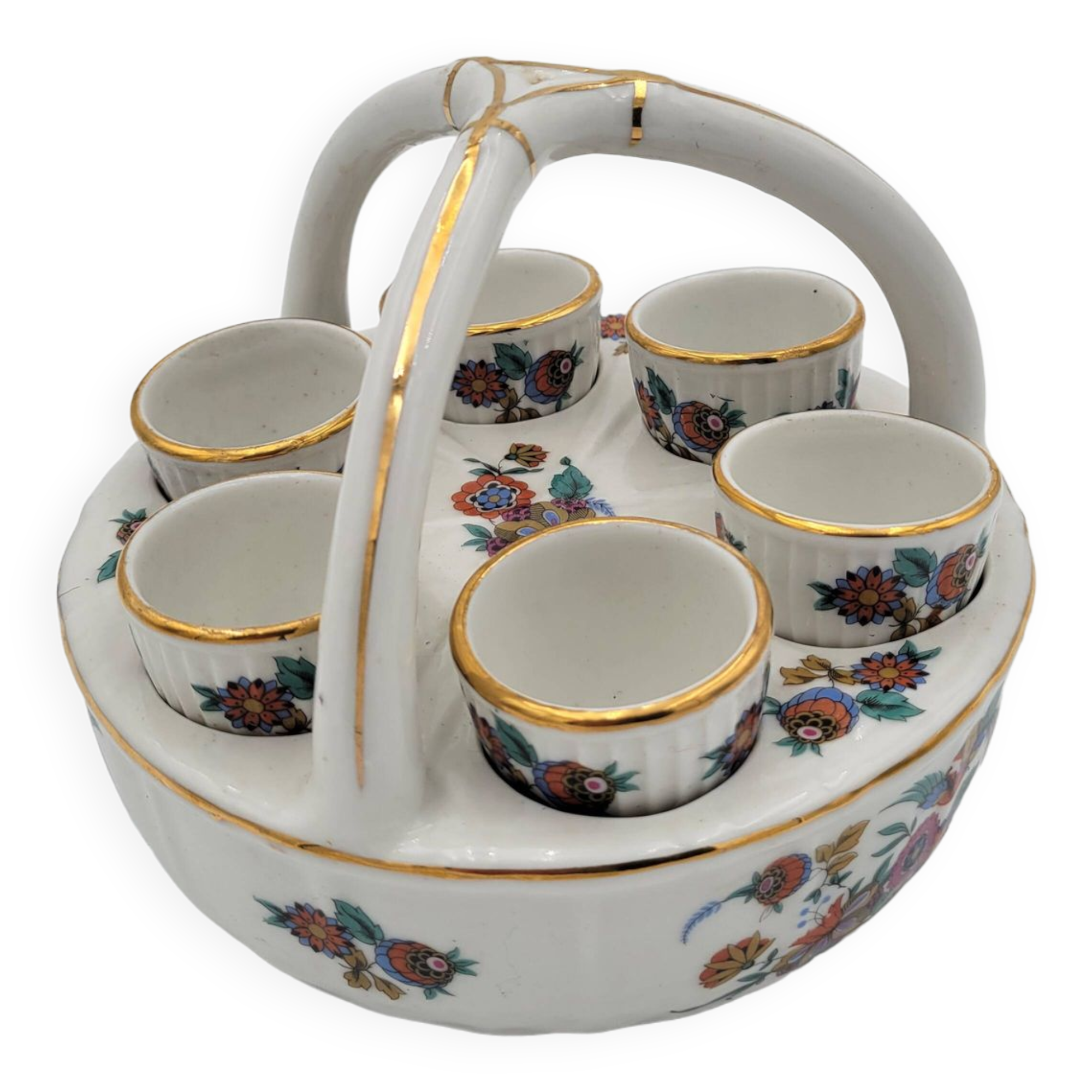 Porcelain egg dish basket with polychrome floral decoration