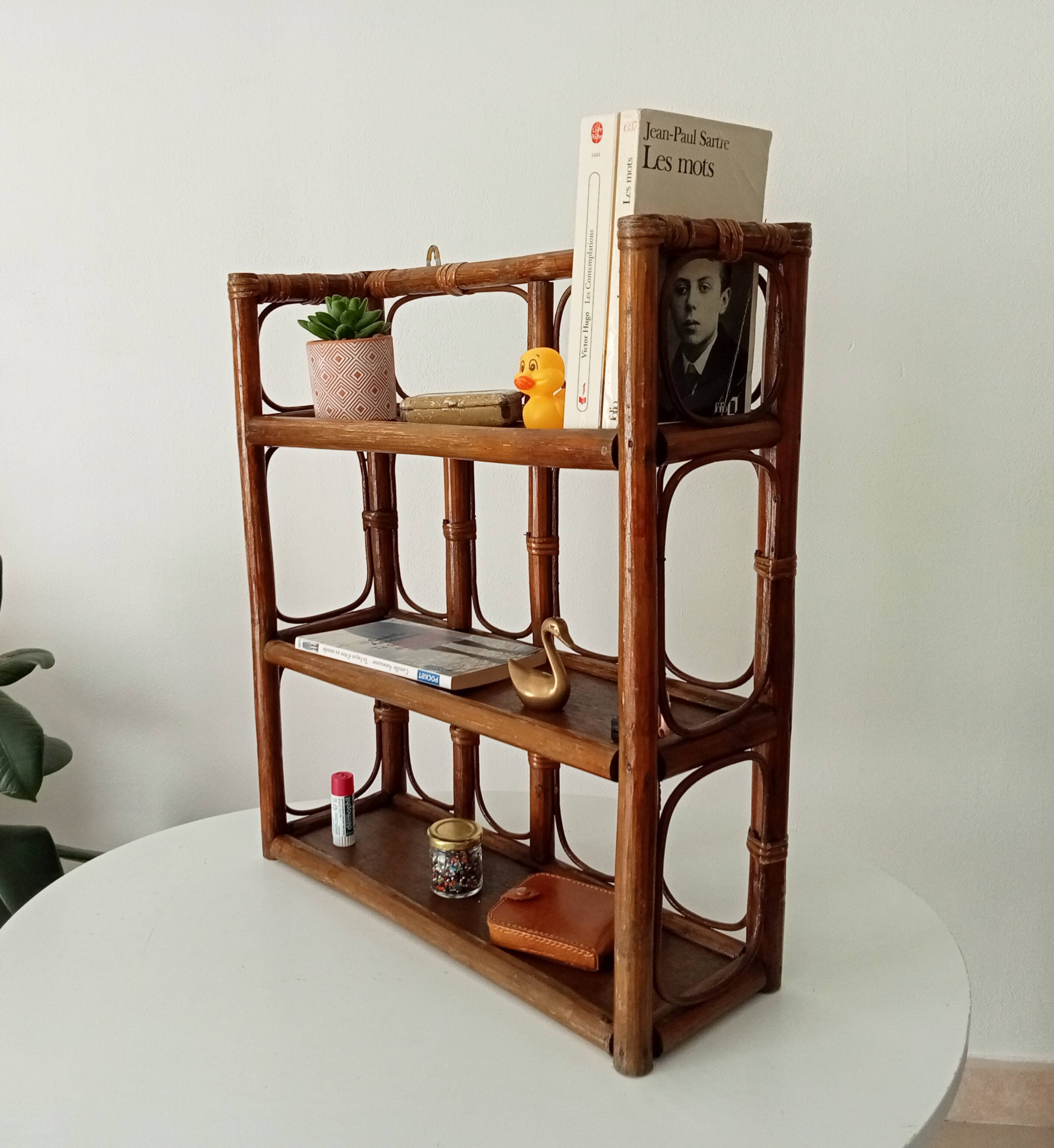 Vintage bamboo and rattan wall shelf