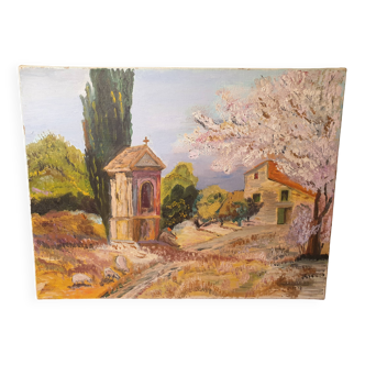 Regionalism Provence Painting Oil on canvas Oratory Sheep dated and signed