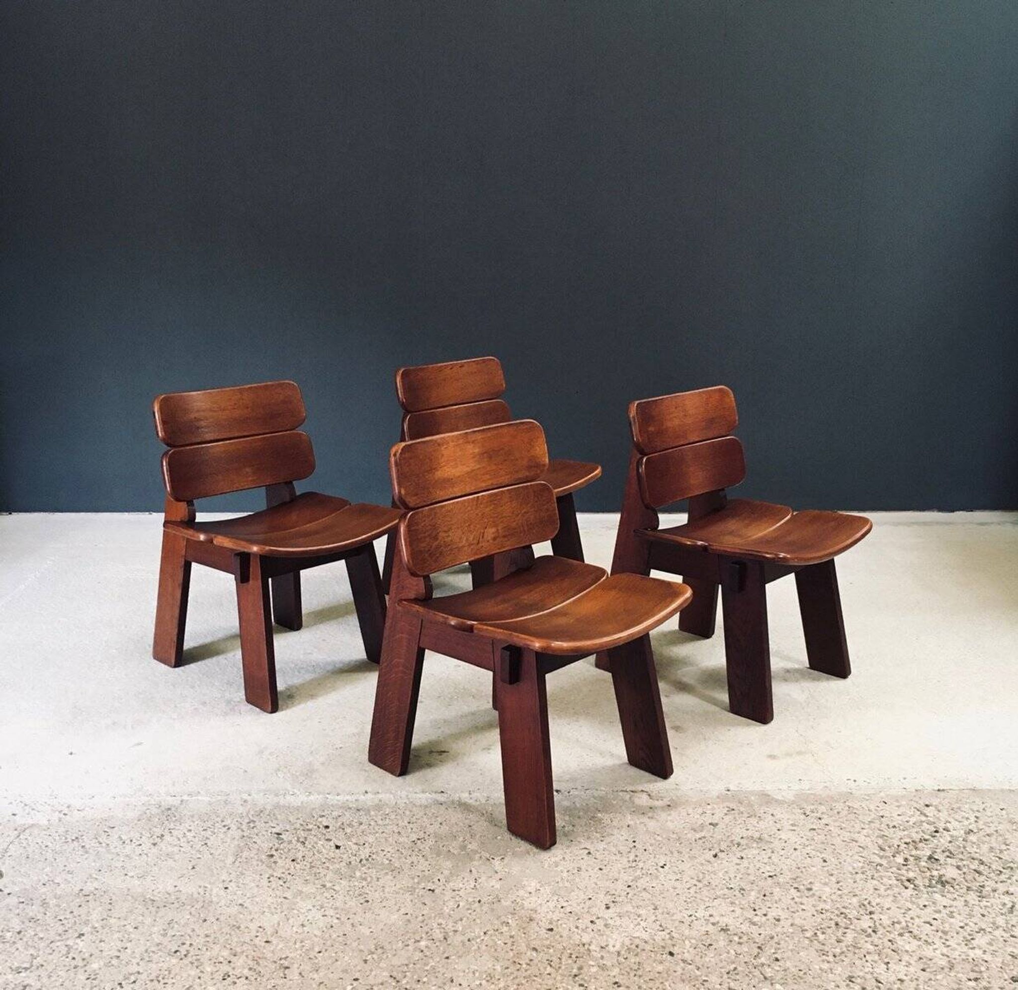 Constructivist Oak Dining Chairs, Belgium, 1960s, Set of 4