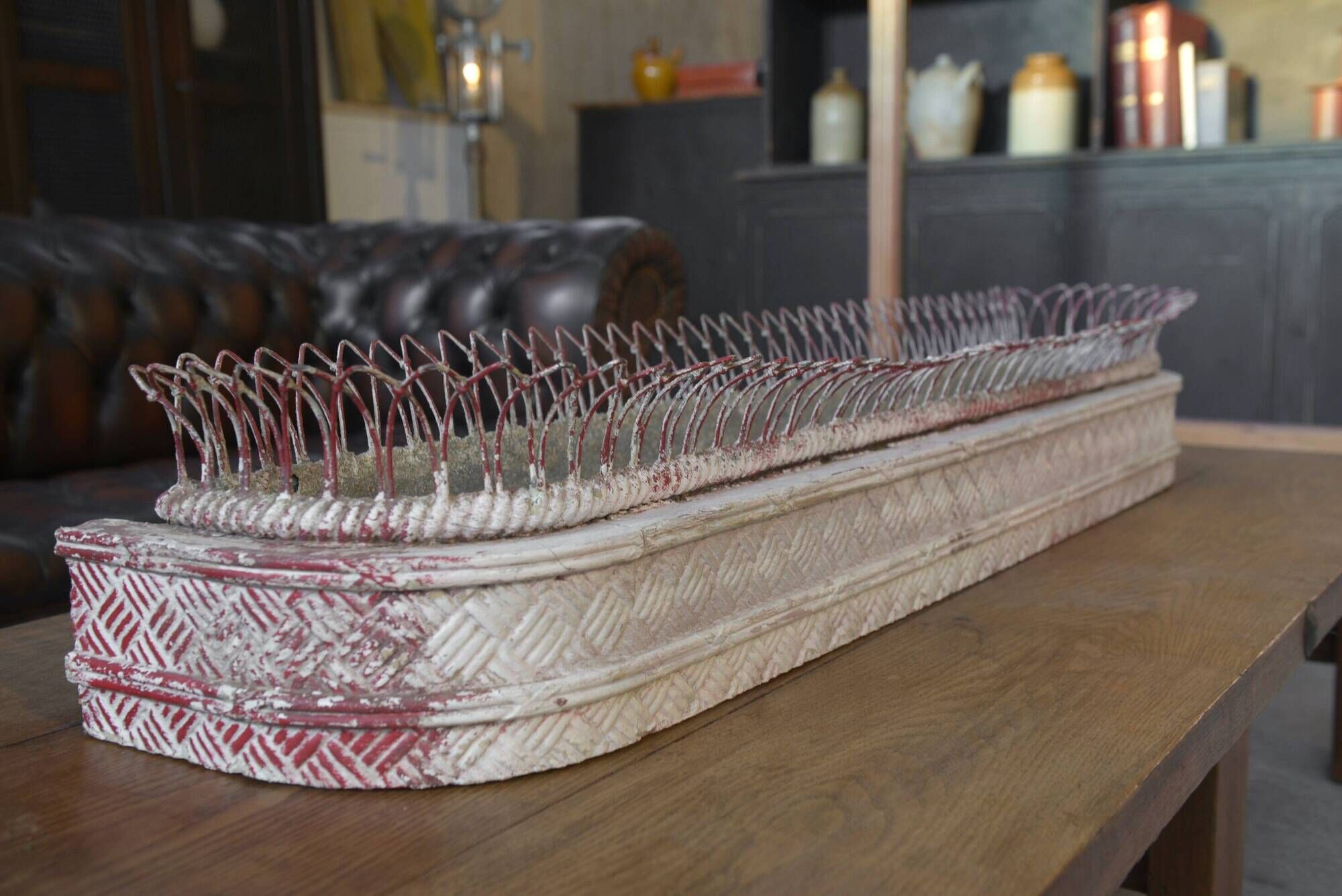 Long zinc and wood planter with a white patina from the early 20th century.