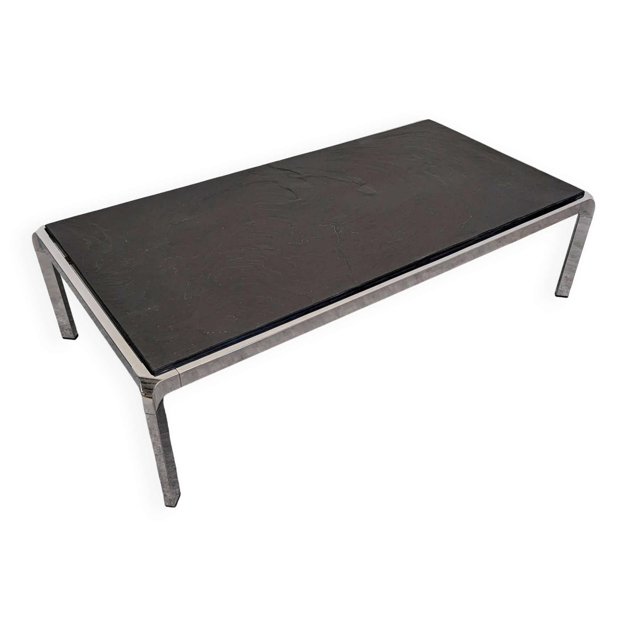 Table basse moderniste en ardoise et métal chromé, Italie vers 1970