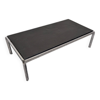 Table basse moderniste en ardoise et métal chromé, Italie vers 1970