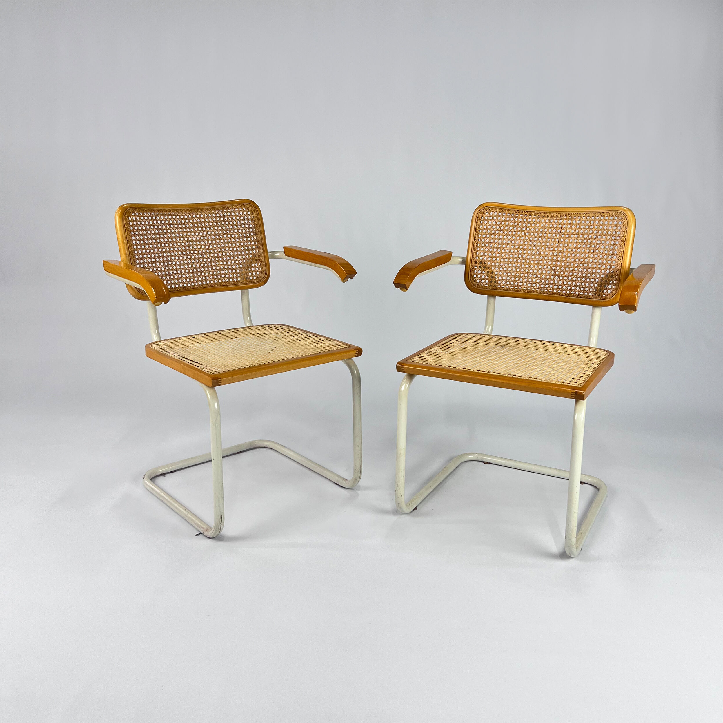 Set of 2 Tubular Frame and Cane Cantilever Arm chairs, Italy, 1970s
