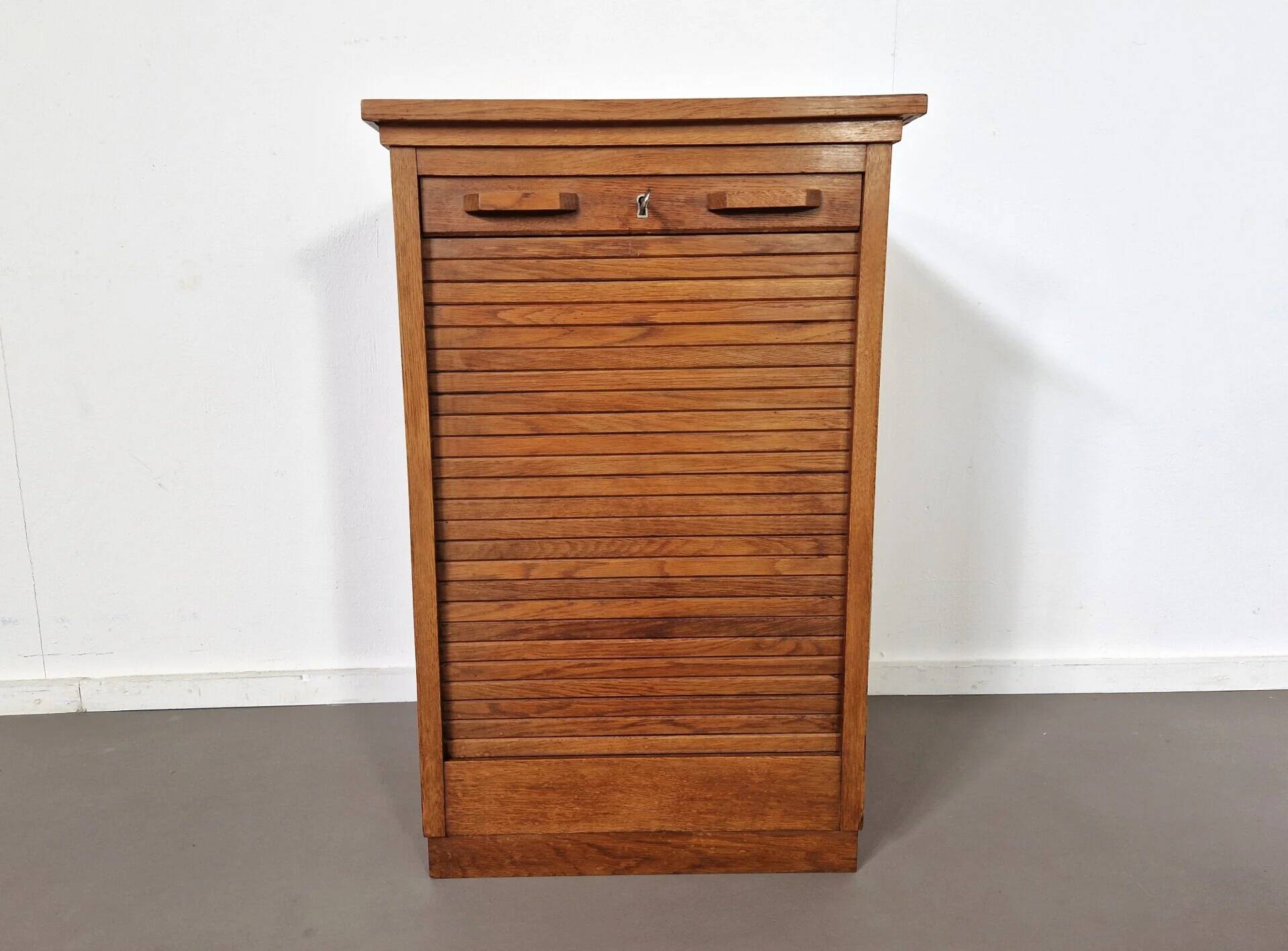 Vintage oak tambour cabinet | 1940s