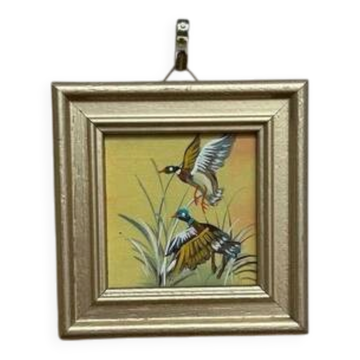 Mid-Century Oil on Panel “ Birds” by Unknown, Vintage & Framed 11 × 11 cm