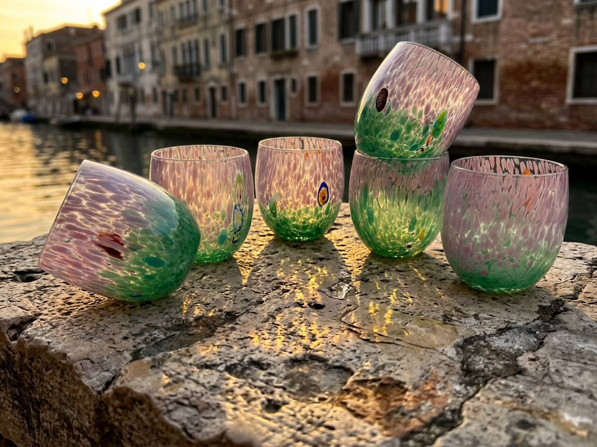 Set of 6 blown glass glasses with Effetre Murano murrine.