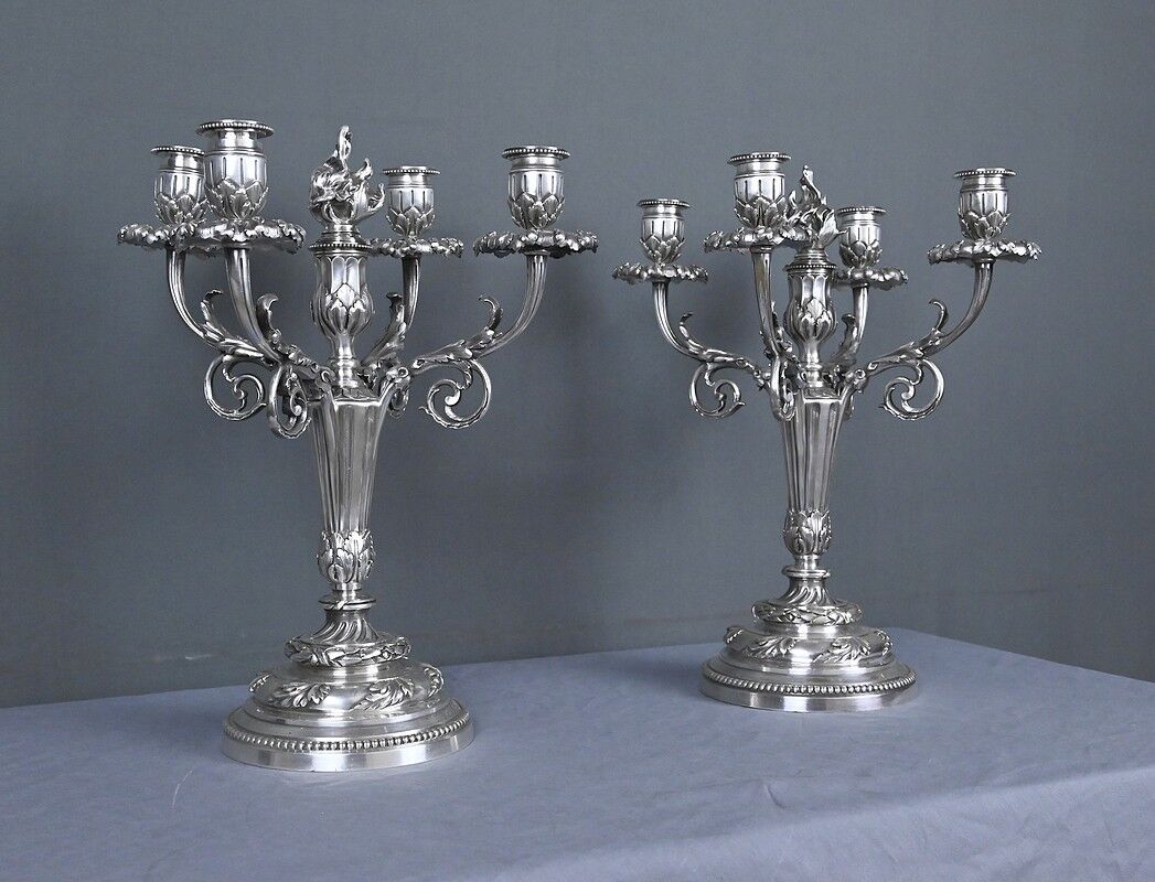 Pair of silver-plated candelabra, Louis XVI style – late 19th century