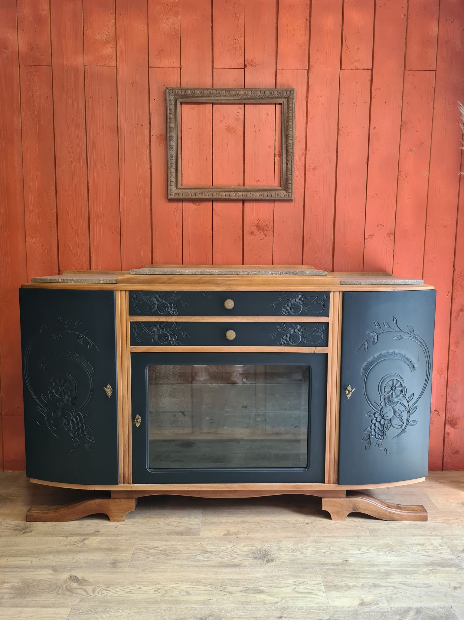 Renovated art deco walnut sideboard with beveled glass door and marble tops