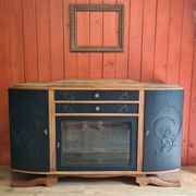 Renovated art deco walnut sideboard with beveled glass door and marble tops