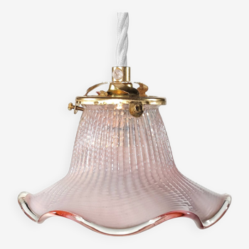 Antique 1920s French Wrythen Vaseline Cranberry Glass Tulip Pendant Lamp