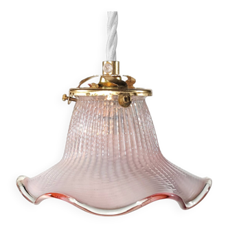 Antique 1920s French Wrythen Vaseline Cranberry Glass Tulip Pendant Lamp