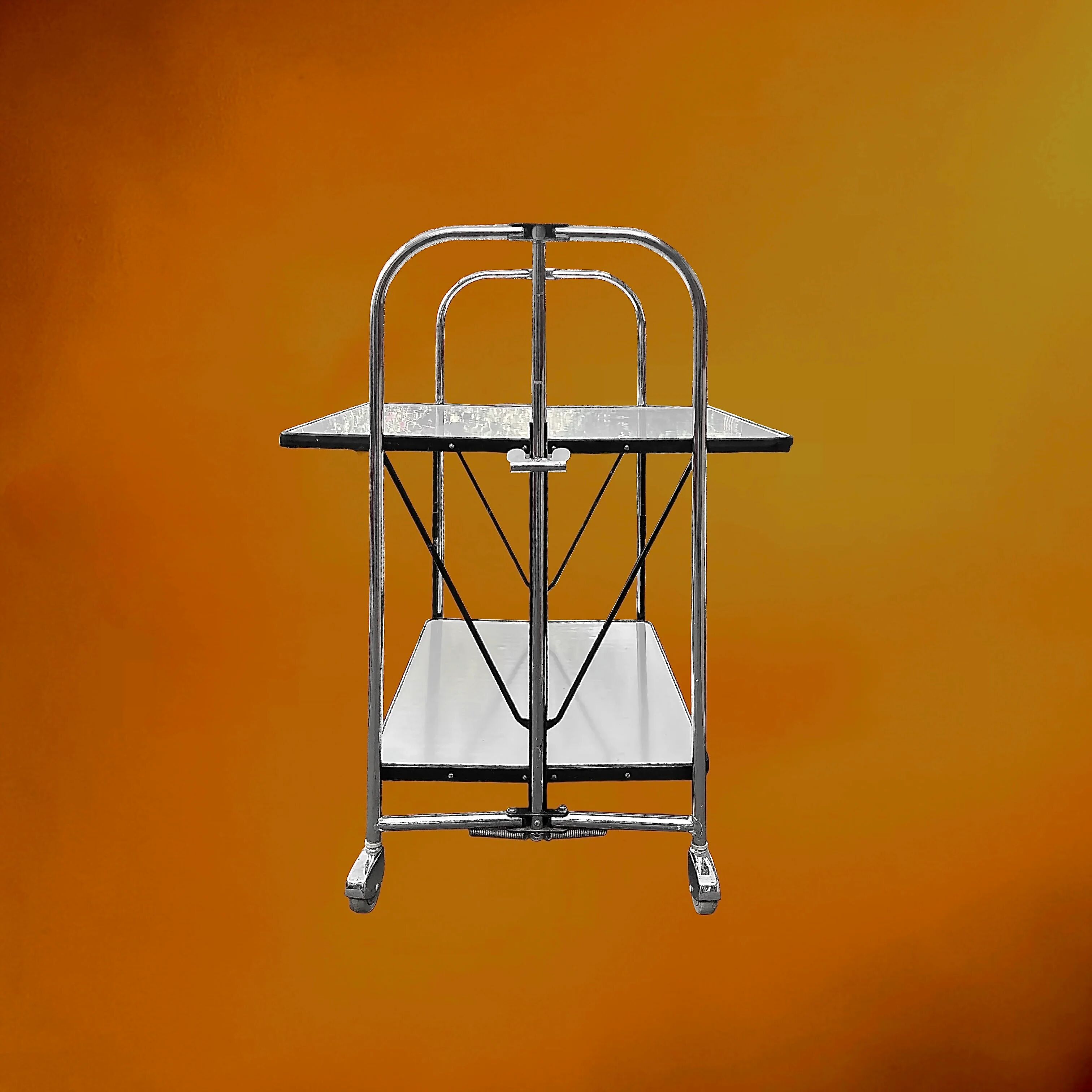 Folding rolling dessert trolley in white formica and chrome metal – 1950s-60s