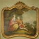 Trumeau mirror with cracked patina and oil on panel depicting a romantic scene from the 19th century.