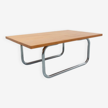 Table basse vintage style Bauhaus en bois de hêtre et métal chromé