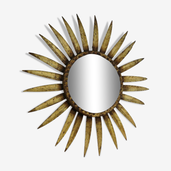 Miroir soleil, oeil de sorcière, en métal doré, années 70