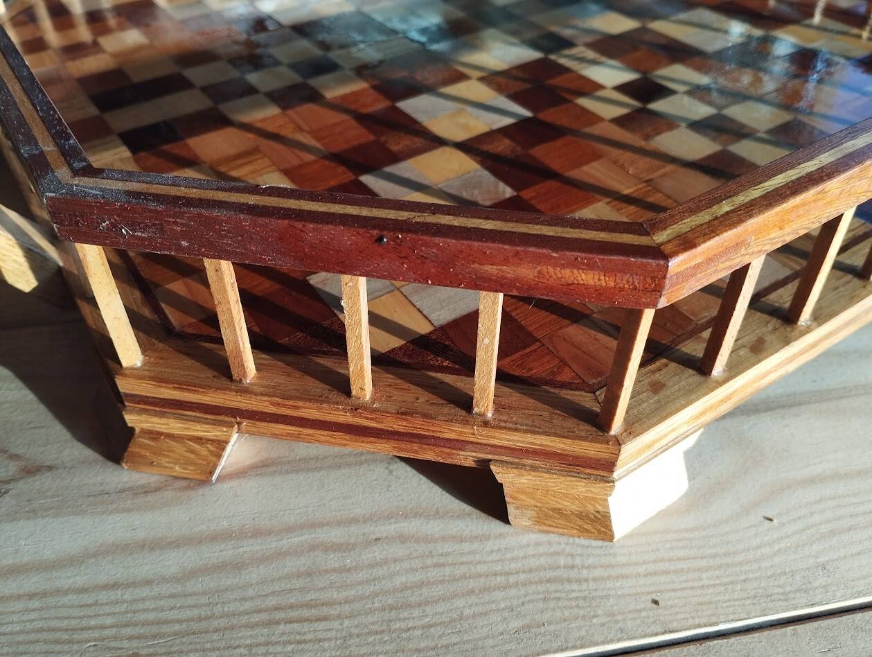 Large octagonal wooden marquetry platter