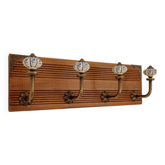 Vintage wall coat rack - 40 cm - 4 metal/ceramic hooks