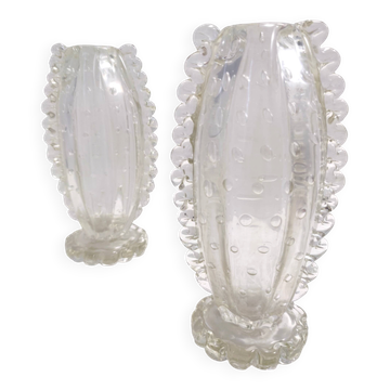 Paire de vases en verre bullicante transparent de Murano par Ercole Barovier