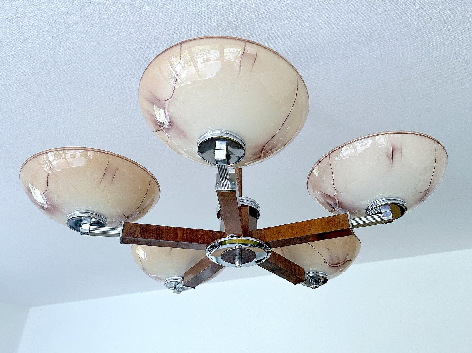 Large Art Deco pendant light in wood and glass, 1930s
