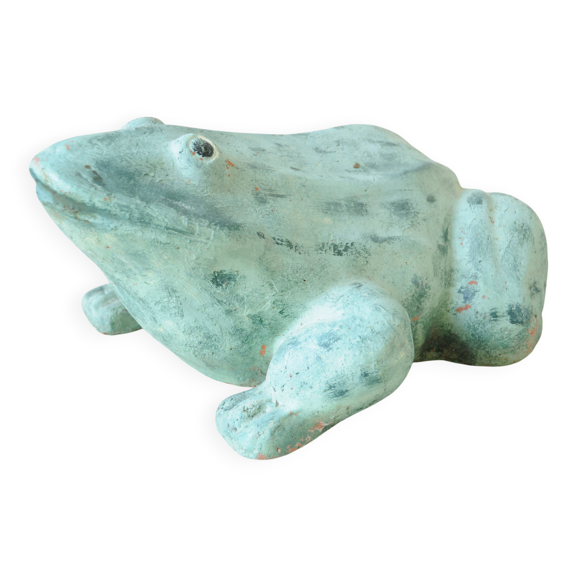 Terracotta frog - garden decor - water green patina