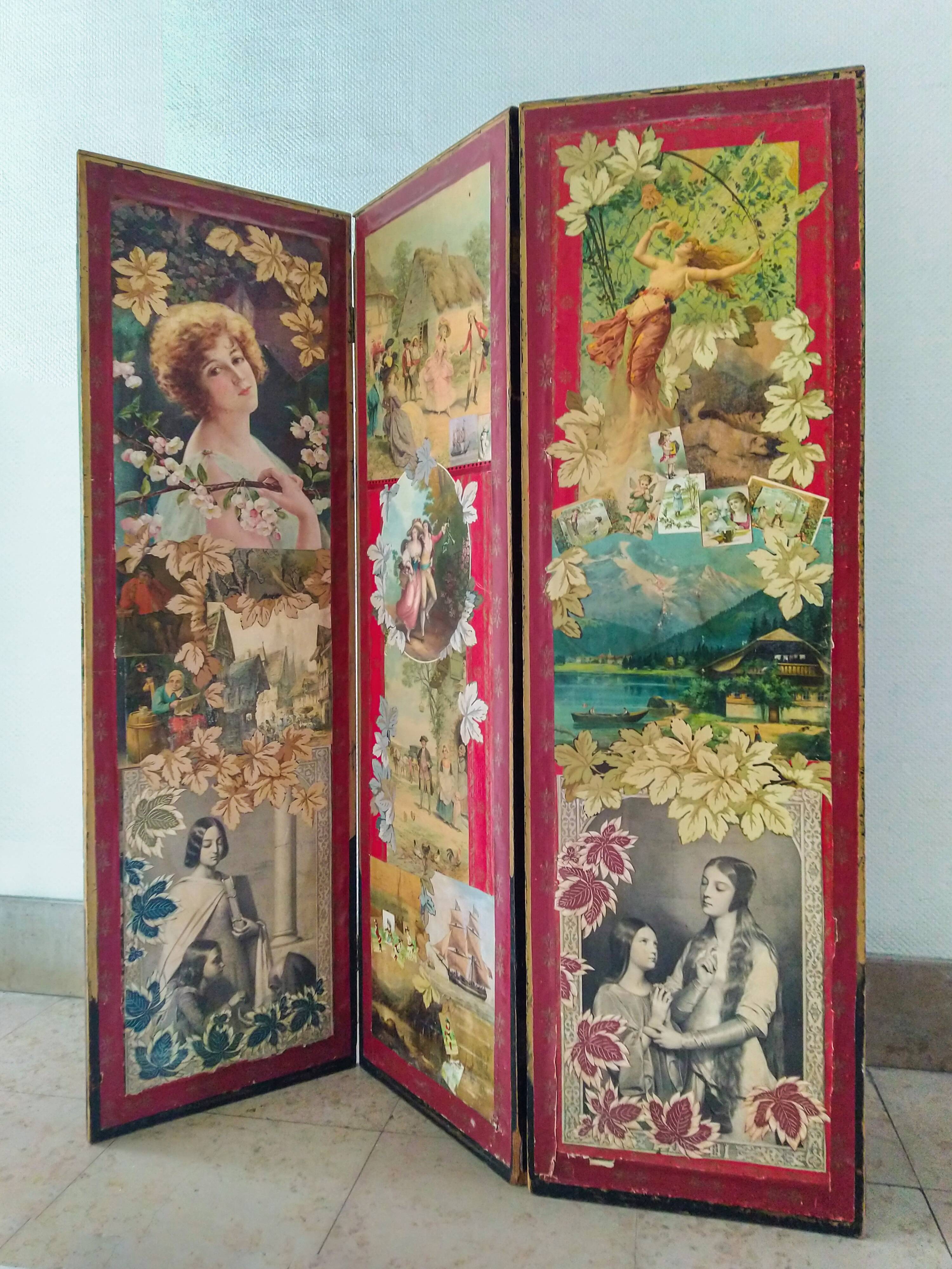 English Victorian 3-panel screen with varnished chromos